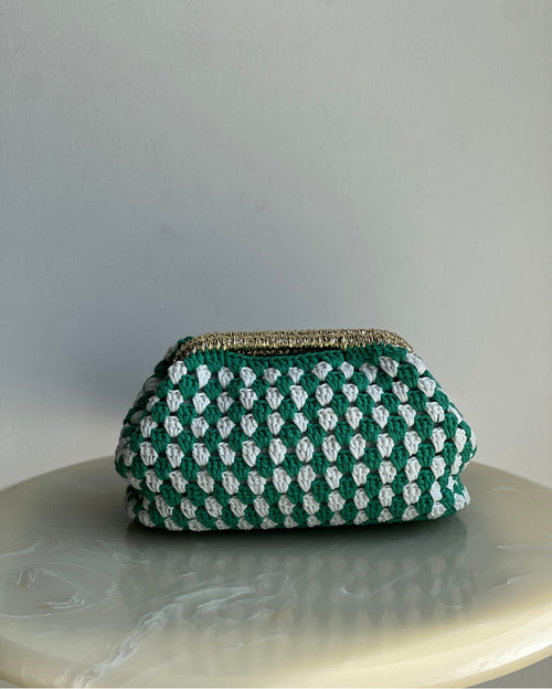 Hand-Crocheted Recta Cotton Bag in Green & White with Gold Handle
