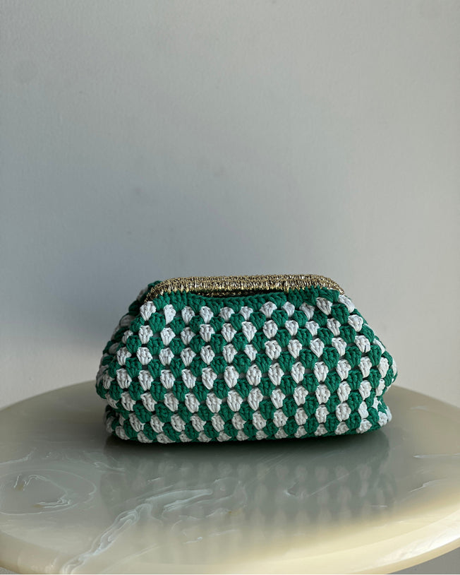 Hand-Crocheted Recta Cotton Bag in Green & White with Gold Handle