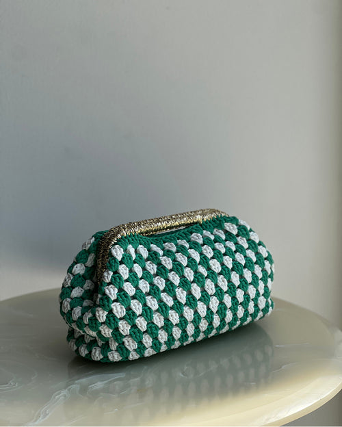 Hand-Crocheted Recta Cotton Bag in Green & White with Gold Handle