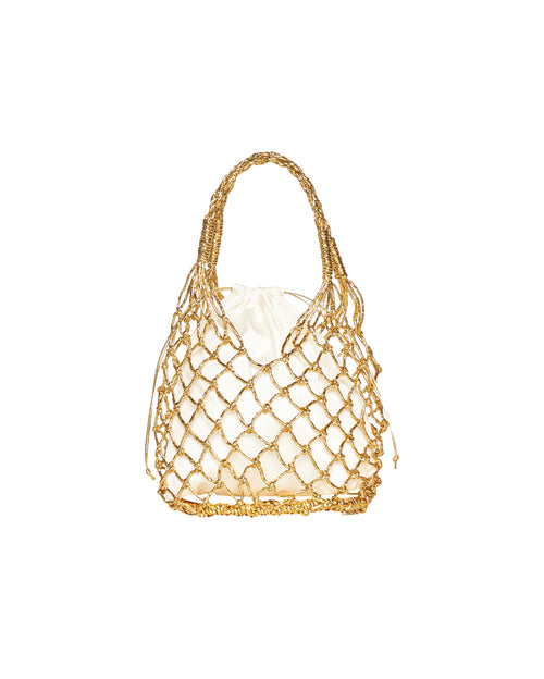 Woven Straw Satin Mini Helene Gold Net and Ivory Tote Bag