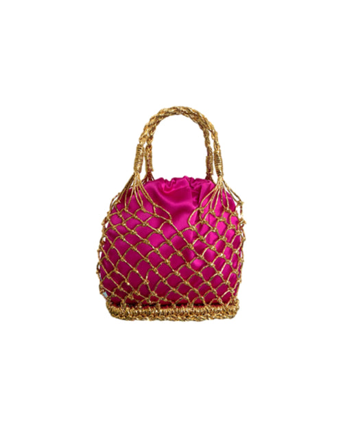 Woven Straw Satin Mini Helene Gold Net and Fucshia Tote Bag