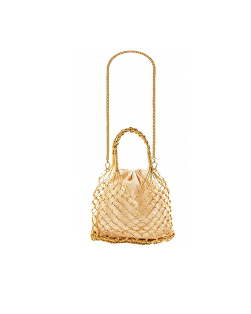 Woven Straw Satin Mini Helene Gold Net and Fucshia Tote Bag