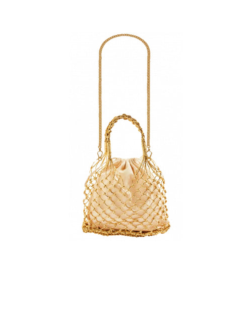 Woven Straw Satin Mini Helene Gold Net and Strawberry Tote Bag