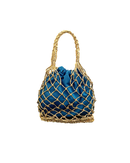 Woven Straw Satin Mini Helene Gold Net and Petrol Green Tote Bag