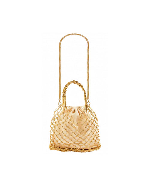 Woven Straw Satin Mini Helene Gold Net and Petrol Green Tote Bag