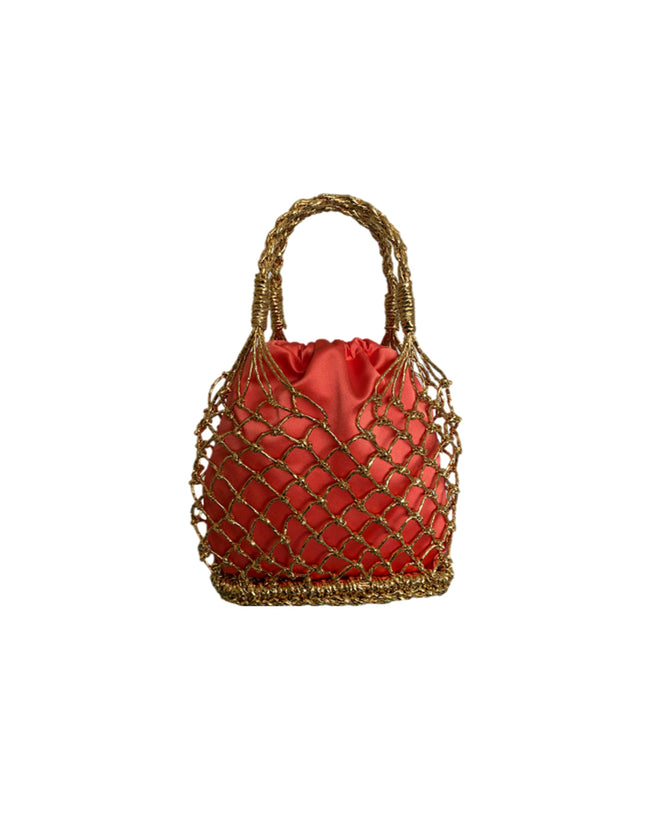 Woven Straw Satin Mini Helene Gold Net and Strawberry Tote Bag