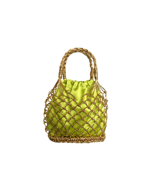 Woven Straw Satin Mini Helene Gold Net and Pistachio Green Tote Bag