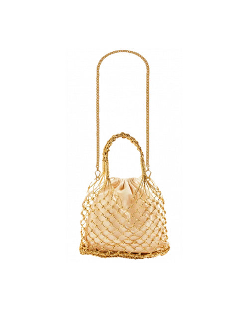 Woven Straw Satin Mini Helene Gold Net and Pistachio Green Tote Bag