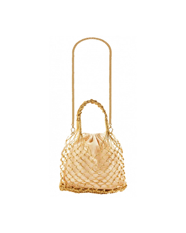 Woven Straw Satin Mini Helene Gold Net and Pistachio Green Tote Bag