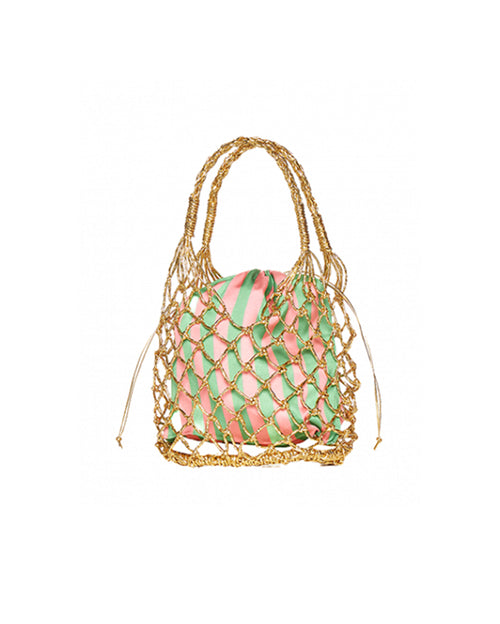 Woven Straw Satin Mini Helene Gold Net and Pink Green Tote Bag