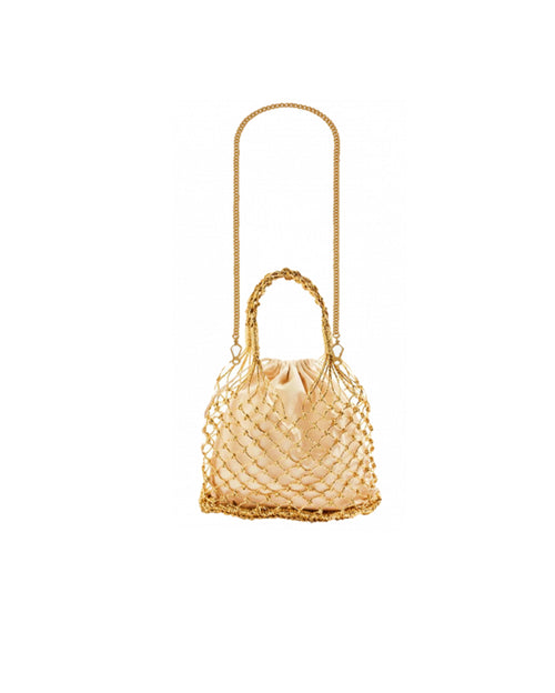 Woven Straw Satin Mini Helene Gold Net and Pink Green Tote Bag