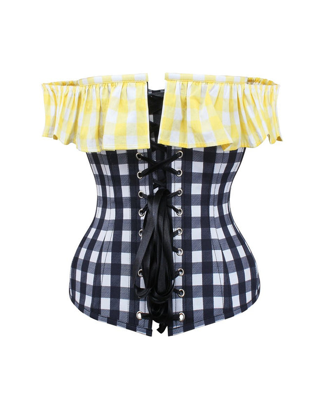 Yellow and black contrast gingham corset top with bardot sleeve