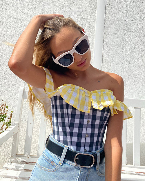 Yellow and black contrast gingham corset top with bardot sleeve