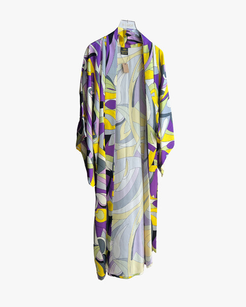 Yellow Purple Geometric Long Silk Kimono Coverup