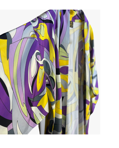 Yellow Purple Geometric Long Silk Kimono Coverup