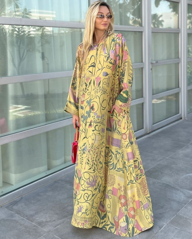 Yellow HT Silk Round Neck Kyhl with Loop Button Sequin, Cutdana & Bead Work Hand Emb Along the Print Wide Sleeved Arietty Digi-Print Jalabiya