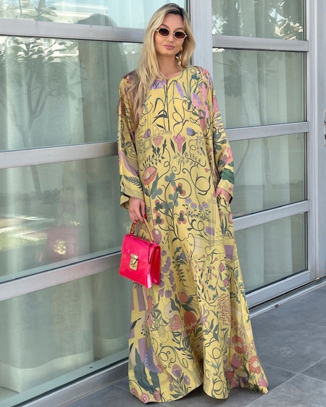 Yellow HT Silk Round Neck Kyhl with Loop Button Sequin, Cutdana & Bead Work Hand Emb Along the Print Wide Sleeved Arietty Digi-Print Jalabiya