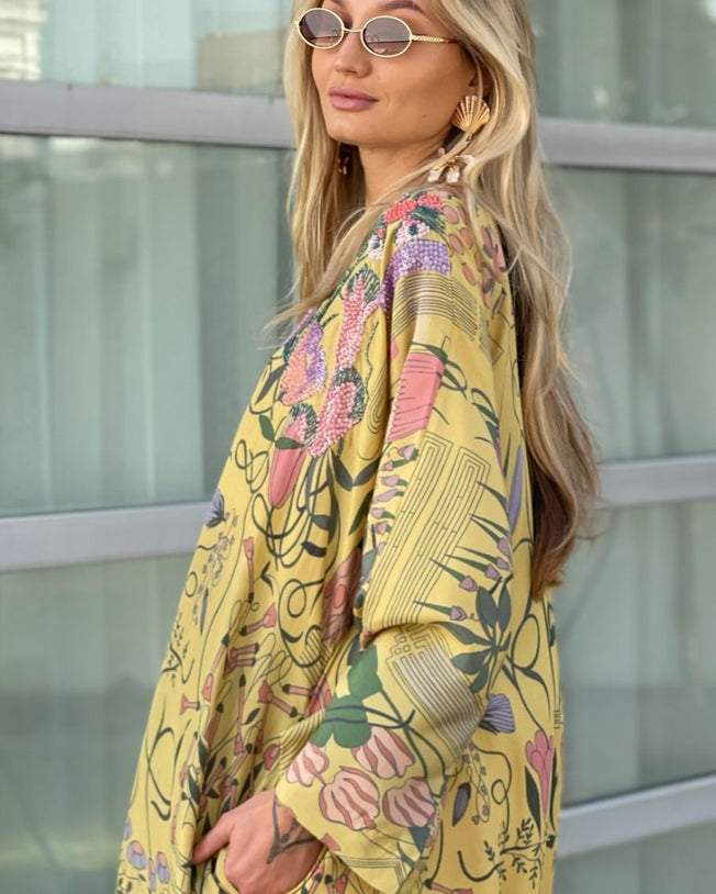 Yellow HT Silk Round Neck Kyhl with Loop Button Sequin, Cutdana & Bead Work Hand Emb Along the Print Wide Sleeved Arietty Digi-Print Jalabiya