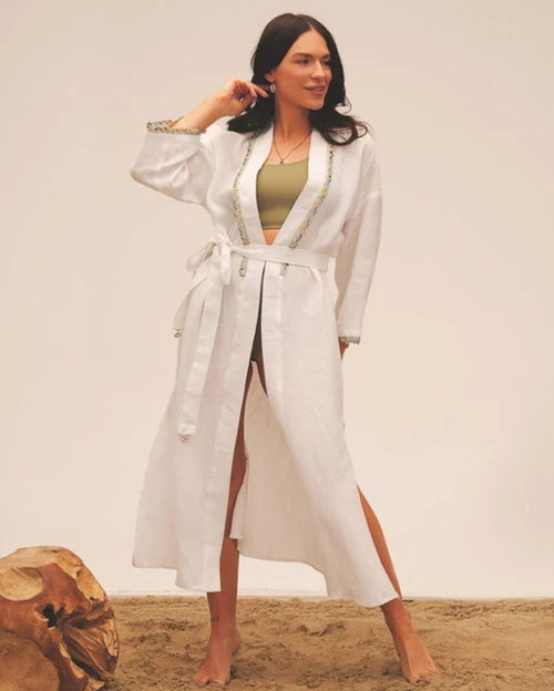 Yelpaze White Long Kaftan with Hand Crocheted Oya Details with Belt