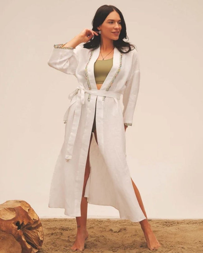 Yelpaze White Long Kaftan with Hand Crocheted Oya Details with Belt