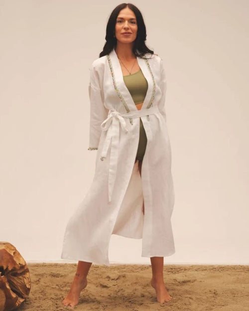 Yelpaze White Long Kaftan with Hand Crocheted Oya Details with Belt