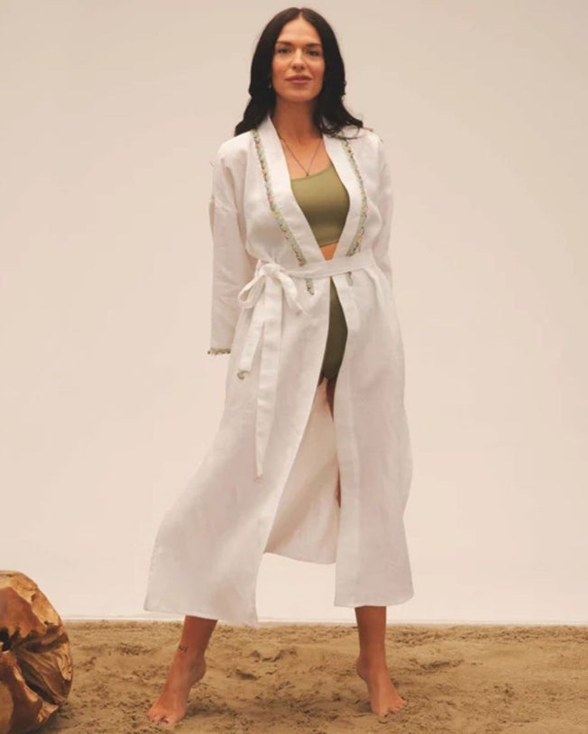 Yelpaze White Long Kaftan with Hand Crocheted Oya Details with Belt