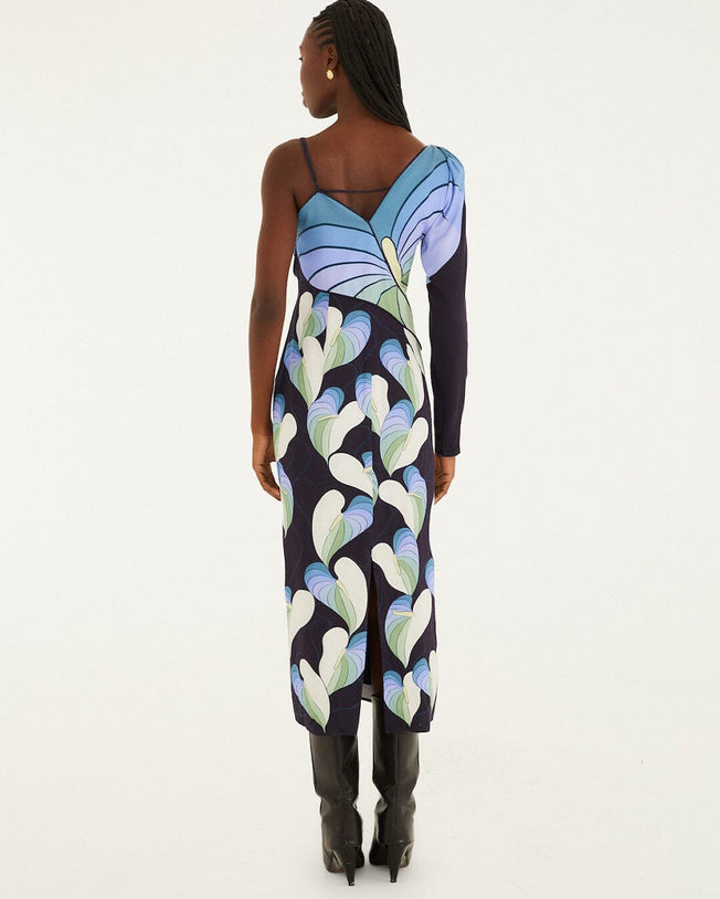 Lovely Anthurium Black One Shoulder Midi Dress