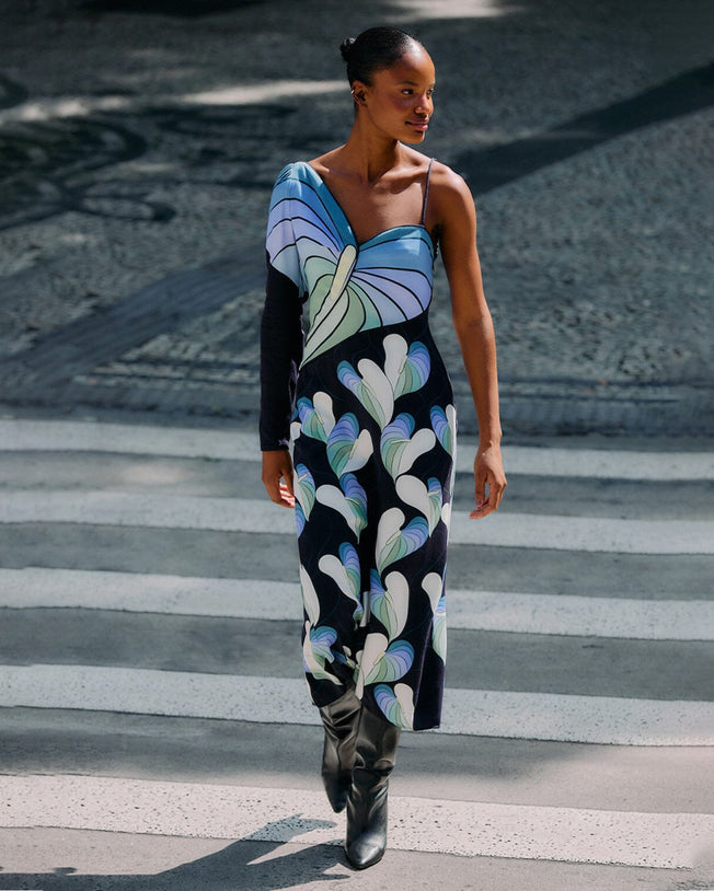 Lovely Anthurium Black One Shoulder Midi Dress