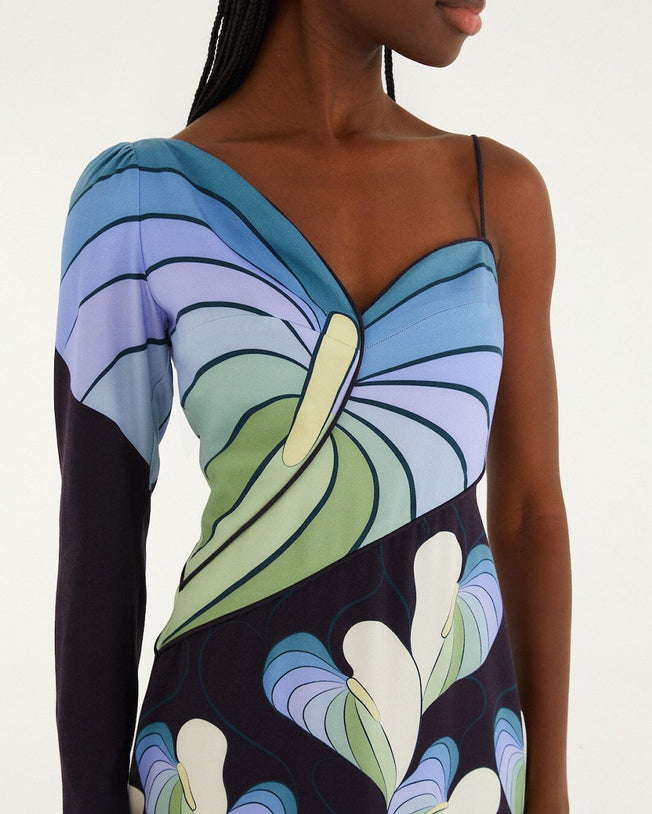 Lovely Anthurium Black One Shoulder Midi Dress