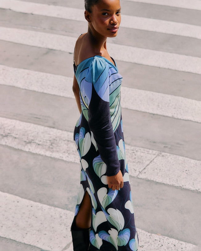 Lovely Anthurium Black One Shoulder Midi Dress