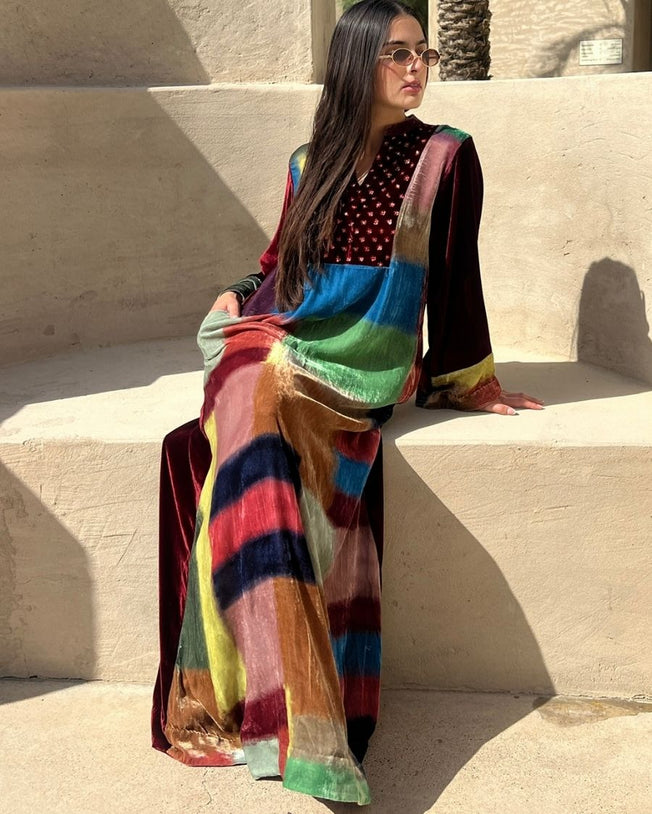 Red & Multicolor Velvet Mandarin Collar with V-Slit Opening Sequin Bead Work Flower Butta Hand Emb on Yoke and Printed Cuff Riple Grid Digi-Print Jalabiya