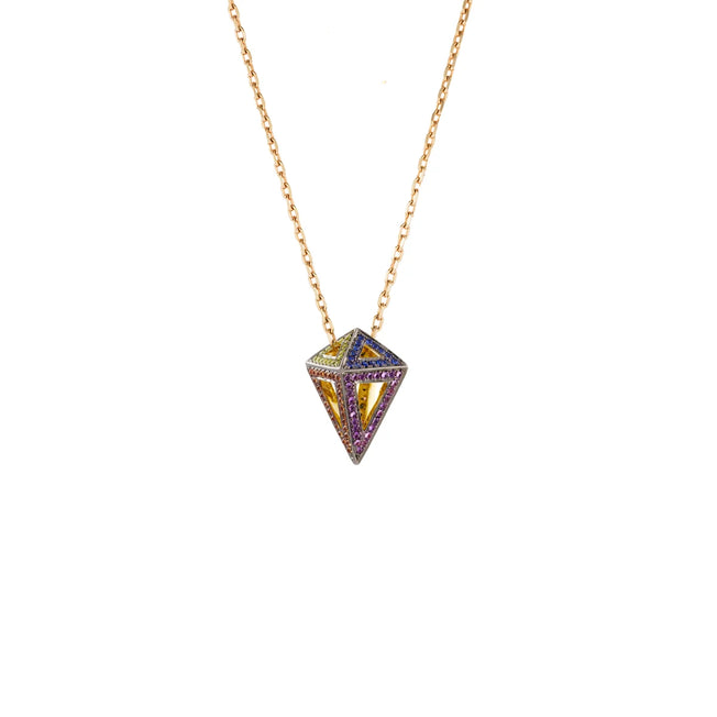 Rainbow Octahedron Pendant 18K Yellow (Black) Gold & Multi-Stones on a 81cm YG Chain