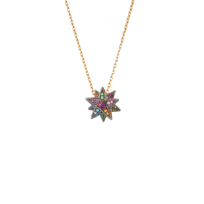 Rainbow Merkabah Pendant 18K Yellow (Black) Gold & Multi-Stones on a 75cm YG Chain
