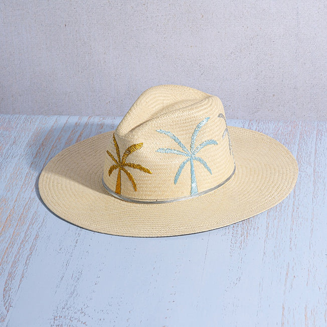 Embroidered Palm Trees Toquilla Straw Kentia Hat