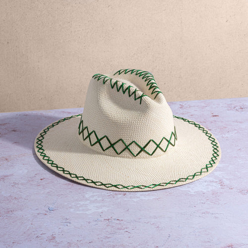 Zigzag Stitch Toquilla Straw Jade Green Hat